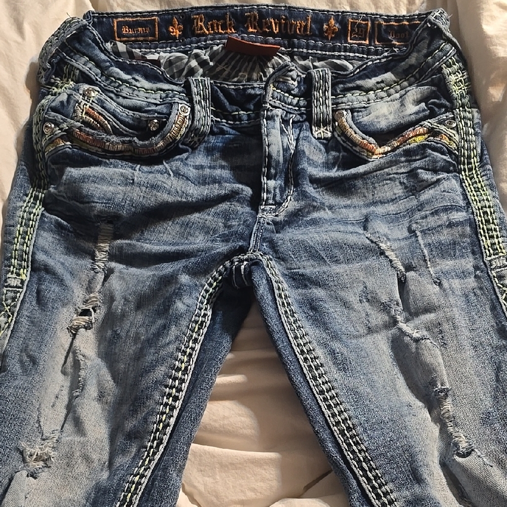 Rock Revival Faded Blue Denim with Colorful Stitching
